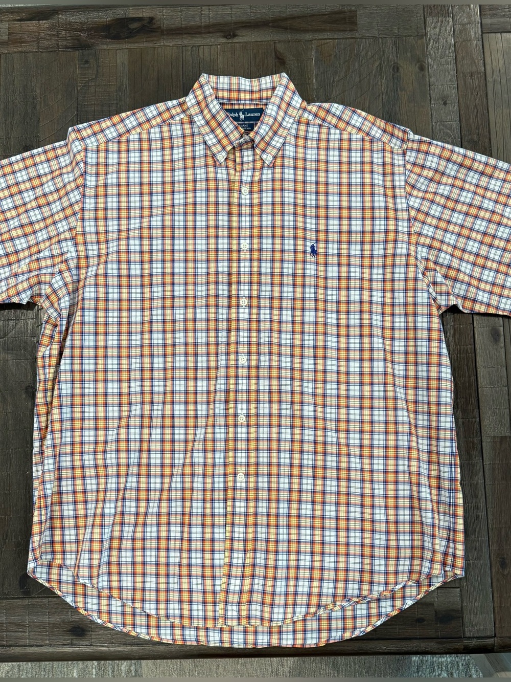 Vintage Polo Ralph Lauren Blake Shirt Mens Large Orange Blue Plaid Short Sleeve